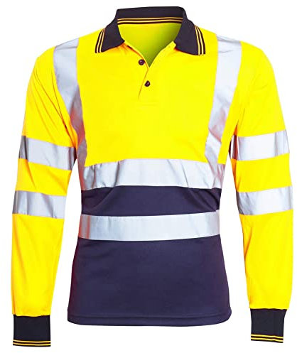 Hi Viz Long Sleeve Polo Shirts, Mens High Visibility Reflective Tape Safety Security Workwear T-Shirt Tops (Yellow/Navy, X-Large)