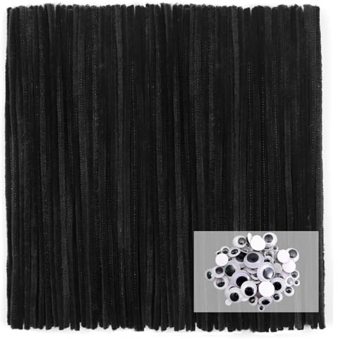 TOAOB Limpiador de pipas negro para manualidades, 100 unidades, alambre de chenilla, limpiador de pipas largo de 30 cm x 8 mm, para manualidades con ojos flotantes, autoadhesivo, para proyectos de