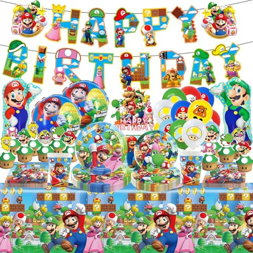 Mario Birthday Decorations, 81pcs Mario Cake Decorations Party Supplies Include Cake Topper Cupcake Toppers Banner Tablecloth Balloons Napkins Cups Plates