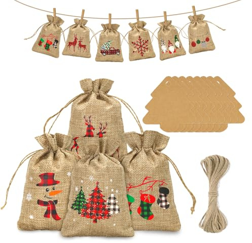 jijAcraft Adventskalender zum Befüllen Jutesäckchen: 10x15CM Weihnachten Jutesäckchen, 24 Stück Weihnachten Geschenksäckchen mit Tannen-Anhängern und Juteschnur für Deko Weihnachtsbaum