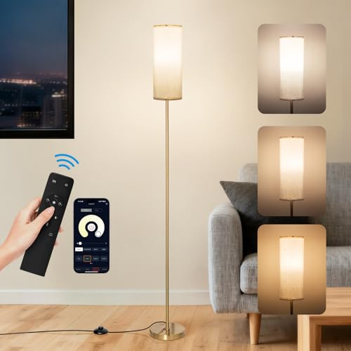 CRLL Floor Lamp for Living Room, Modern Standing Lamps with Remote & Foot Switch, 2700k-6500k Dimmable Tall Reading Lamp with Linen Shade | Standard Lamp Night Light for Bedroom Office (Gold)