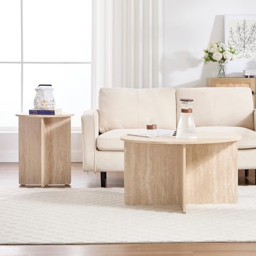 chairus Couchtisch 2er Set Rund Wohnzimmertisch Beistelltisch Holz Sofatisch für Wohnzimmer Kaffeetisch Holztisch Schlafzimmer, Beige