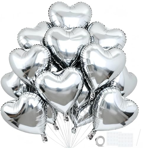 24 Stück Herz Folienballon, 18 Zoll Silber Herzförmige Luftballons, Heliumballons Herzballons Dekorationsset für Valentinstag Hochzeit Verlobung Jahrestag Party Babygeburtstag Brautparty