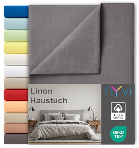 NYVI Linon Deluxe Bettlaken ohne Gummizug aus 100% atmungsaktiver Baumwolle - Betttuch auch als Sommerdecke nutzbar, Oeko-TEX 100, Bei 60°C waschbar - 240x260 cm Anthrazit