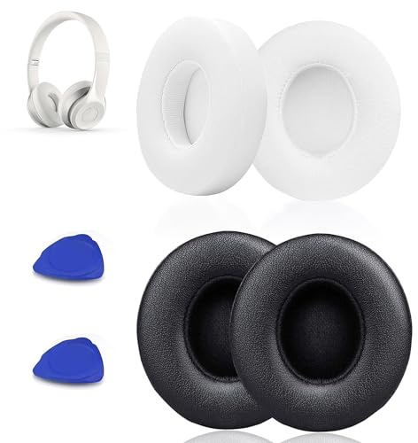 2Pairs Replacements Earpads Cushions for Beats Solo 2 & Solo 3 Wireless On-Ear Headphones, Memory Foam Noise Isolation Earpads, Ear Pads with Soft Protein Leather, Added Thickness(Black, White)