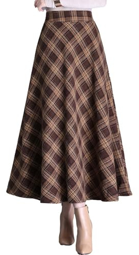 Jupe longue plissée en laine à carreaux pour femme - Taille élastique - Jupe tartan d'hiver décontractée - Longueur genou