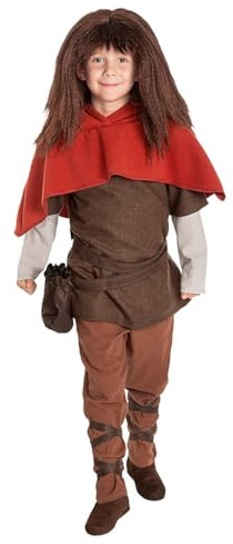 Maskworld Ronja Räubertochter Kinderkostüm - Tunika, Hose mit Beinschnürung, Hemd, Gugel, Gürtel & Beutel - hochwertig - Größe: 146-152 - Verkleidung für Karneval, Fasching & Motto-Party
