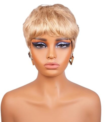 Kurz geschnittene Echthaarperücken im Pixie-Schnitt for schwarze Frauen, blonde, leimlose, geschichtete Lace-Front-Perücke mit Pony Flauschigs und Natürlich