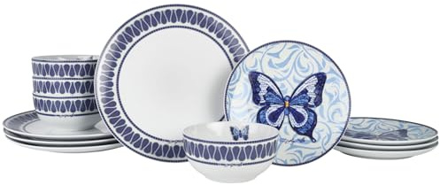 Dolly Parton 12 Piece Jeweled Mosaic Blue Butterfly Dinnerware Set Porcelain Dinner Plates Salad Plates Bowls, Service for 4, Microwave Dishwasher Safe