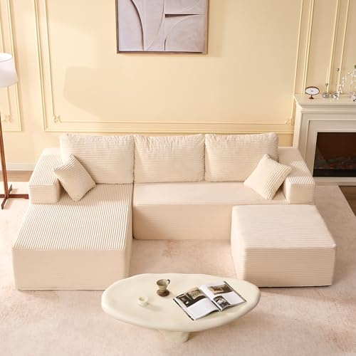 Litbird U-förmiges modulares Ecksofa 272 cm mit Schlaffunktion, rahmenloses Oversize Schlafsofa mit Chaiselongue Links, extra Tiefe Sitzfläche, montagefrei – für Wohnzimmer & Schlafzimmer,Beige