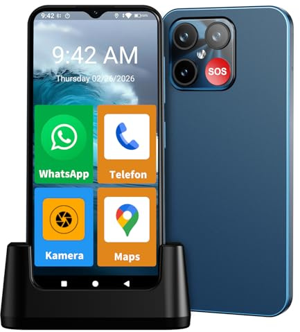 4G Seniorenhandy Smartphone ohne Vertrag, 4+64GBDual-SIM, 6,6 Zoll,Blau | Senioren-Smartphone mit 6.6 Zoll Display, Android 15, Seniorenmodus, SOS-Taste, GPS, 4000mAh Akku, Ladestation &Blau