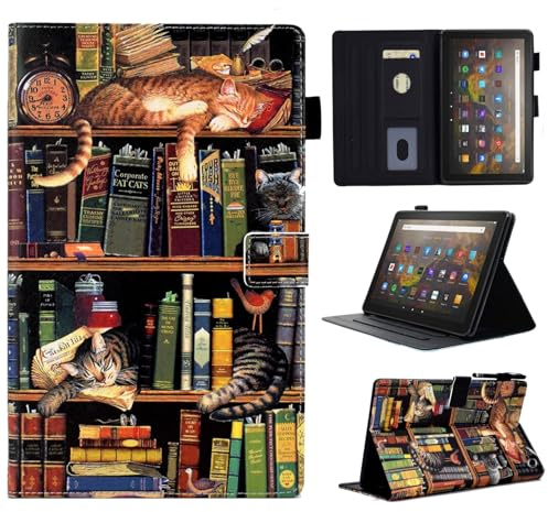 BYCeKe Amazon Fire HD 8 Tablet Case (12th/10th Generation, 2024/2022/2020) | 8 Vegan Leather Folio Stand Cover for Kindle Fire HD 8 12th/10th Gen Case with Pen Holder&Auto Wake/Sleep, Cat Library