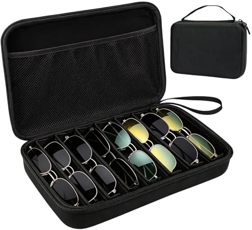 UOSIWYA Travel Sunglasses Case Hard Shell, Sunglasses Organizer Portable Eyeglasses Storage Box with 8 Adjustable Dividers Glasses Case for Men Women (Black)