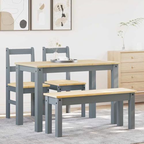 Kaloriko 4-tlg. Essgruppe PANAMA Grau Massivholz Kiefer Tischgruppe mit Bank und Stühlen Esszimmergarnitur Sitzgruppe Möbelset für Essplatz Mahlzeit Frühstück Abendessen