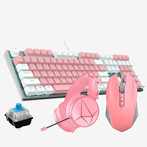 ARCH Kit Tastiera E Mouse Rosa Tastiera Mouse Cuffia Tre Pezzi Tastiera Gaming Meccanica con 108 Chiavi di E-Sport Universale Migliori Regalo for Le Ragazze Amici (Color : Pink Kit-Green Shaft)