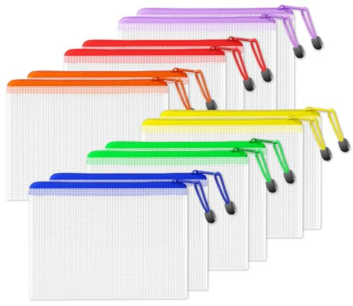 SUNEE Plastic Wallets A5, 12 Pack Mesh Zip Lock Document Wallets & File Bags, Waterproof Plastic Folders A5 for School, Office, Home and Travel Storage - 6 Colours