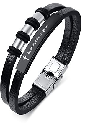 Bibel Vers Religiöses Armband, Angepasst Gravur Christian Kreuz Jesus PU Leder Armbänder für Männer Inspirierende Manschette Armreif Schmuck Geschenk für Weihnachten Geburtstag Jubiläum, Schwarz