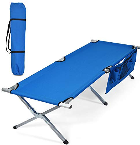RELAX4LIFE Campingbett mit Seitentasche & Tragetasche, Feldbett mit 6 rutschfesten Füßen, Klappbett aus 600D Oxford-Stoff & Stahl, Liege bis 204kg belastbar,190x73x42 cm, für drinnen & draußen (Blau)