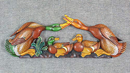 Rikmani Wanddekoration aus Vollholz handgearbeitete Wand Deko - Wandskulpturen aus Holz - Wandrelief Entenfamilie (Entenfamilie)