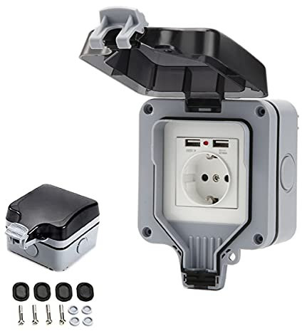 Umisu Enchufe impermeable IP66 con conexiones USB enchufe eléctrico al aire libre con tapa caja de enchufe de pared para jardín garaje piscina