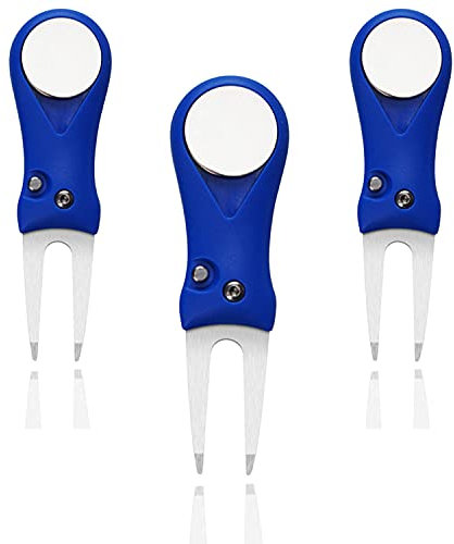 LOVMEAD 3 Stück Golf Pitchgabel mit Golfball-Marker, Faltbare Edelstahl Golf Divot Tool Golf Divot Reparatur Werkzeug, Golf Training Zubehör für Golf Reparaturzubehör (Blau 3 Stück)