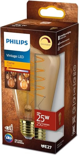 Philips LED Classic E27 Vintage Lampe, 25 W, Vintage Dekolampe, Tropfenform, dimmbar, klar, gold, flame, A19