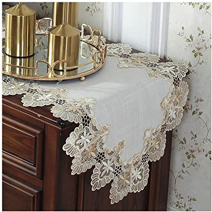 Dsnyu Tischläufer Polyester 43x180 cm Beige Weiß Tischläufer Hohle Blumen mit Spitze Bestickt Tischläufer Blumen für Picknick Party Küche Hochzeit