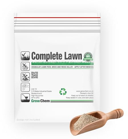 Grow Chem Complete Lawn Fertiliser (1KG Bag) – Lawn Feed, Weed & Moss Killer - (Treats 32m Sq) - Stronger Turf & Greener Grass - All in One Lawn Treatment with Iron, Dicamba & Mecoprop-P