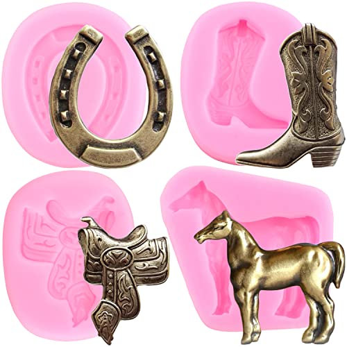 Mujiang Horse Silicone Molds Horseshoe Hoof Fondant Molds Cowboy Boot Candy Mold Saddle Mold For Cake Decorating Cupcake Topper Candy Polymer Clay Chocolate Gum Paste Set Of 4