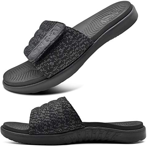 ONCAI Mens Sandals, Arch Support Sport Slides Open Toe Adjustable Straps Orthotic Cushioned Footbed for Plantar Fasciitis Rubber Soles Black Size 10.5