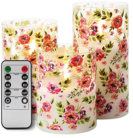 Eywamage Blumen Glas Flackernde Flammenlose Stumpenkerzen mit Fernbedienung, LED Batterie Wachs Kerzen 3 Stück