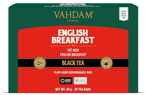 VAHDAM, Tè Nero English Breakfast (30 Bustine) | Tè Inglese Forte e Robusto | Alta Caffeina, Senza Glutine | Confezionato in India | Bustine di Tè Piramidali