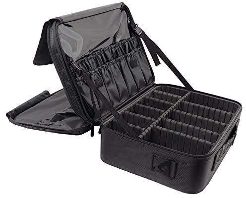Makeup Bag, Large Makeup Case Makeup Organisers Travel Makeup Bag, Professional Cosmetic Bag Artists Case Brush Holder with Brush Slots Adjustable Divider Waterproof Material (L, Black)