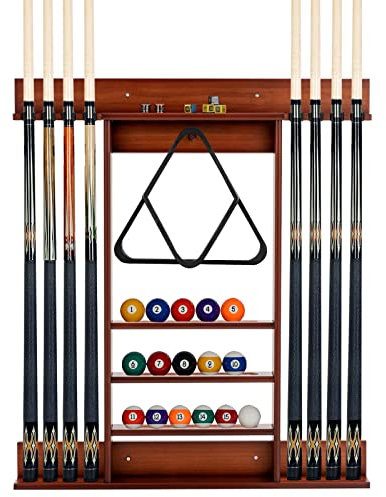 COSTWAY Pool Cue Rack Only, Wall Mounted Billiard Stick Holder with 3 Tiers Ball Slots, 8 Clips, Wooden Billiards Table Accessories Equipment (Brown)