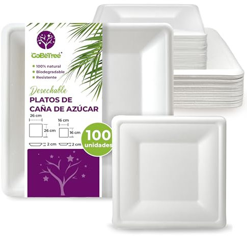 GoBeTree 100 platos desechables caña de azúcar cuadrados de 26 y 16 cm. 50 platos 26 cm y 50 platos 16 cm. Platos desechables extrafuertes, Para camping, picnic, fiestas, barbacoas