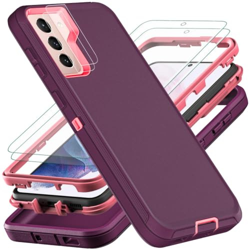 YmhxcY for Galaxy S21 Case Samsung S21 Cases with Self Healing Flexible TPU Film[2 Pack] and Camera Lens Screen Protective Film[2 Pack],Heavy Protection Cover For Samsung Galaxy S21-Wine Red/Rose Pink