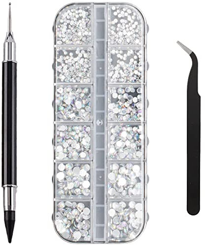 Rhinestones Nail Gems for Nail Art, Flat Back Gems Nail Rhinestones for Nails 1500 Nail Decorations for Nail Art with Tweezers and Picker Pen