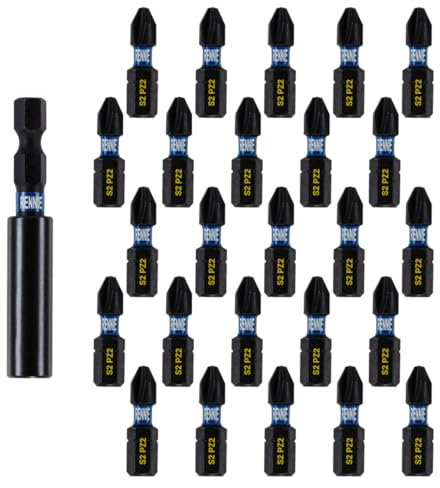 26 x Rennie Tools 25mm Long PZ2 Impact Screwdriver Driver Bits Set with Bit Holder. Heavy Duty PoziDriv POZI No.2 Magnetic Screwdriver Bit Set. PZ2 Impact Driver Bits Pozidrive Screw Accessories