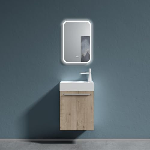 doporro Badezimmer-Set Waschplatz Badmöbel-Set Gäste WC Waschbecken Waschtisch mit Unterschrank in Eiche Greige Waschbeckenunterschrank 46x26x63cm Pisa
