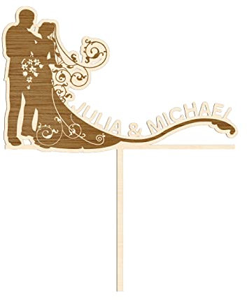 Alsino Persönlicher Cake Topper für alle Anlässe - Hochzeit, Geburtstag, Taufe, Geburt, Kommunion, Konfirmation - aus nachhaltigem Holz, (LA-125) Hochzeitspaar graviert mit Namen