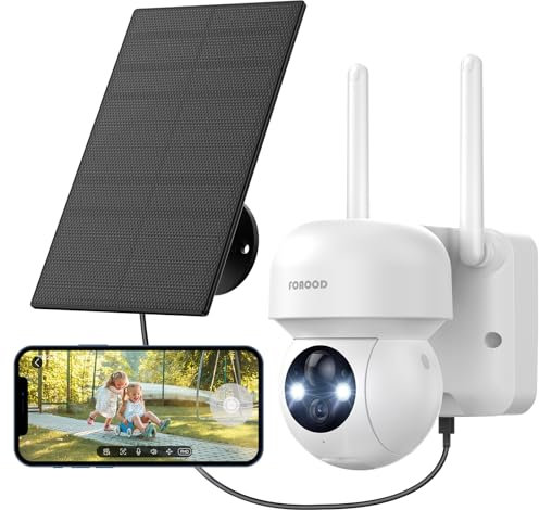 FOAOOD 2K Camera Surveillance WiFi Exterieure sans Fil, 360°PTZ Camera Surveillance sur Batteries/Solaire, Vision Nocturne Couleur, Détection Humaine, Audio Bidirectionnel, IP66-Blanc