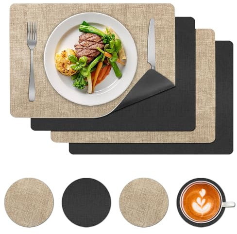 NAJILI Manteles Individuales y Posavasos, Salvamanteles Manteles Lavables Individuales de Cuer de Doble,Antimanchas Resistentes al Calor Manteles Individuales para Restaurantes,Cocinas,Juego de 4