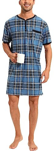 Chemise de Nuit Homme Pyjama Manches Courtes Hauts de Pyjama Homme Tee-Shirt Long Col V avec Boutons Vêtements d'Intérieur T-Shirt Grande Taille Douce Confortable Carreaux Bleu_2*Courte-A 4XL