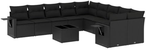 vidaXL Garten Sofagarnitur mit Kissen 11-TLG., Gartenmöbel Gartengarnitur, Sitzgruppe Sitzgarnitur, Lounge Sofa Garnitur Terrasse, Schwarz Poly Rattan