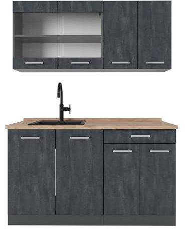 Vicco Singleküche R-Line, Küchenzeile Single, Schwarz Beton/Anthrazit, 140 cm AP Eiche