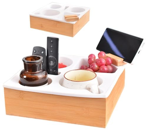 Couch Cup Holder Tray - Snack Box with Compartments, Wooden Sofa Cup Holder for Snacks Beverage, Handy Couch caddys, Armchair Tray Sofa Organiser For Bed, Boat, Beach