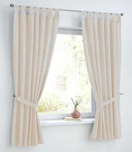 Vorhang mit Raffhalter Cottage weiß beige Natur Landhaus Küche Gardine Baumwolle kariert Blickdicht Schlaufen (1 Stück) B 110 x H 145 cm