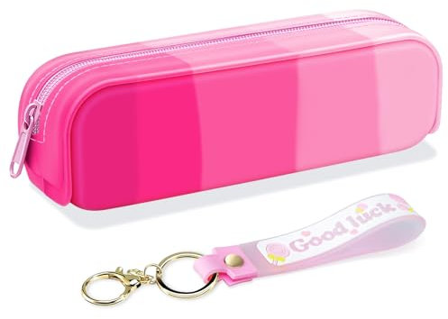 MIXVOVA Astuccio in silicone, astuccio colorato per matite portatile, leggero, impermeabile, carino materiale scolastico, dotato di portachiavi e corda in pelle morbida (rosa)