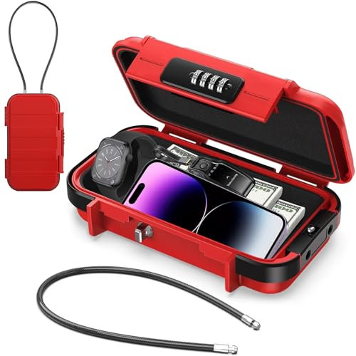Diyife Tragbarer Tresor, Wasserdicht Kleiner Safe Tresor mit Zahlenschloss, Outdoor Sicherheitsbox mit Abnehmbarem Drahtseil, Sichert Wertsachen auf Reisen, am Strand, beim Camping, im Büro - Rot