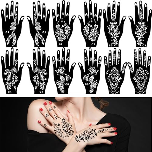 16 Stück Indien Henna Schablonen Set für Frauen Finger Hände Körperbemalung, DIY Air Brush Temporäre Tattoo Schablonen für Mädchen